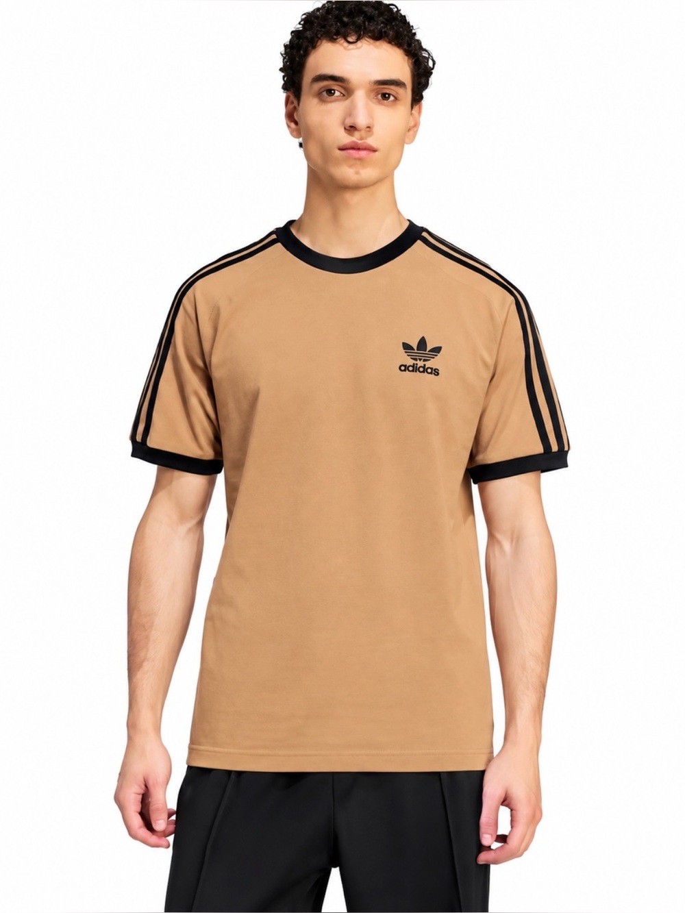 Adidas Originals Trefoil 3 Stripe Ringer T-Shirt Tan Black Size Small
